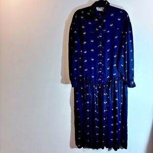 TRISTAN & ISEUT Sz L Vintage Drop  Waist Balloon Sleeves Horse Button Down Dress